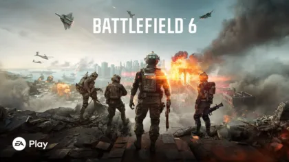 Arte oficial de Battlefield 6 con soldados frente a una ciudad en combate