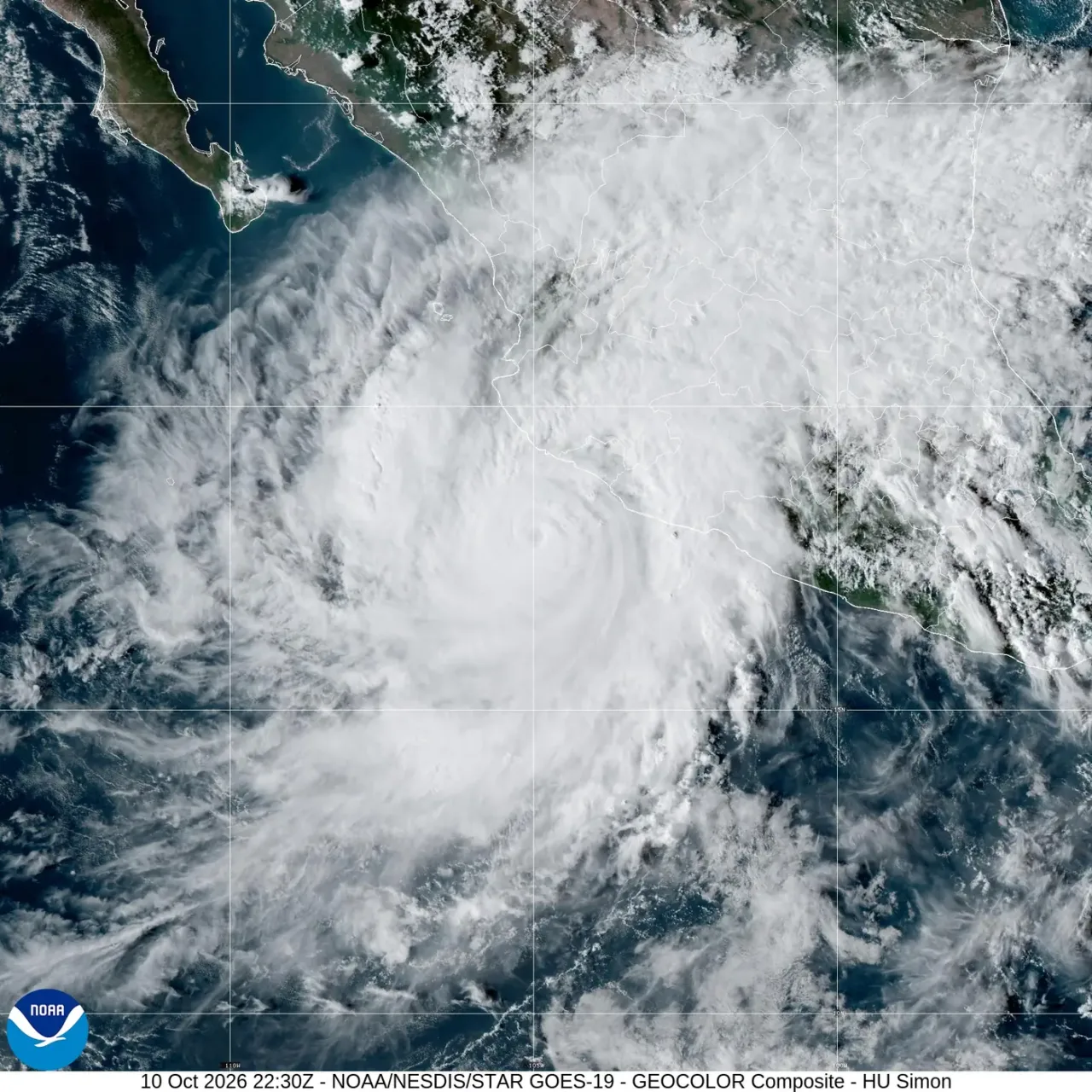 GeoColor image of Simón captured by GOES-19 on 10 October 2026