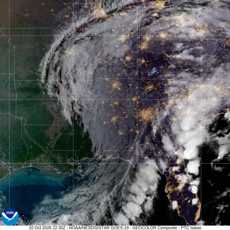 GOES-19 GeoColor image of Isaias captured on 10 October 2026