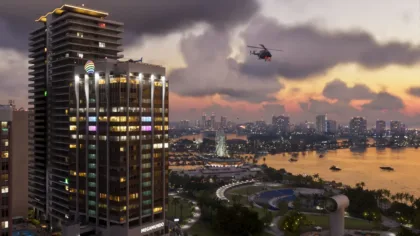 Vista de Vice City al atardecer en una captura oficial de GTA VI