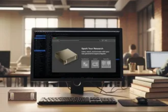 Ilustración promocional de DGX Spark junto a una computadora en un espacio de estudio