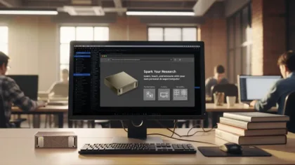 Ilustración promocional de DGX Spark junto a una computadora en un espacio de estudio