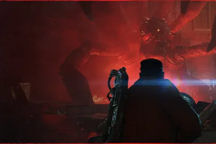 Marcus facing a Locust creature in an official Gears of War: E-Day scene