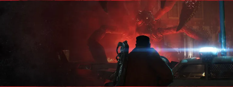 Marcus facing a Locust creature in an official Gears of War: E-Day scene