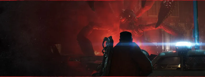 Marcus frente a una criatura Locust en una escena oficial de Gears of War: E-Day