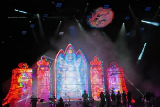 Gorillaz’s stage illuminated during their concert in Chicago in 2017
