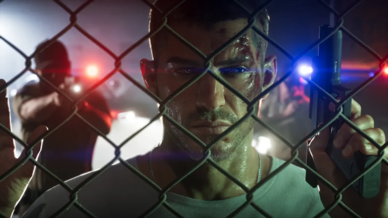 Jason Duval detrás de una reja en una captura oficial de GTA VI