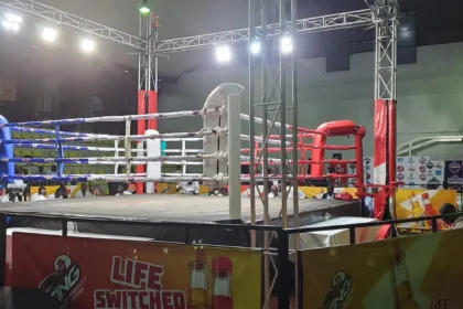 Boxing ring illuminated in a sports venue