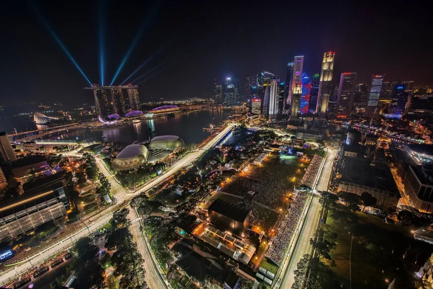 Nighttime view of the Marina Bay street circuit during the 2012 Singapore Grand Prix