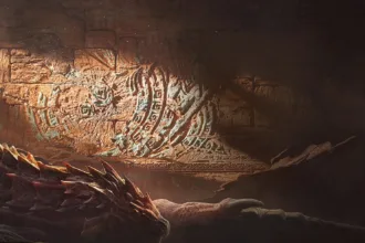 Arte oficial de Monster Hunter Outlanders con un gran mural dentro de una caverna