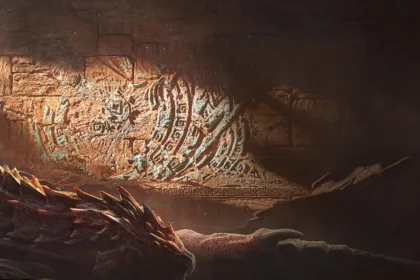 Official Monster Hunter Outlanders artwork featuring a large mural inside a cavern