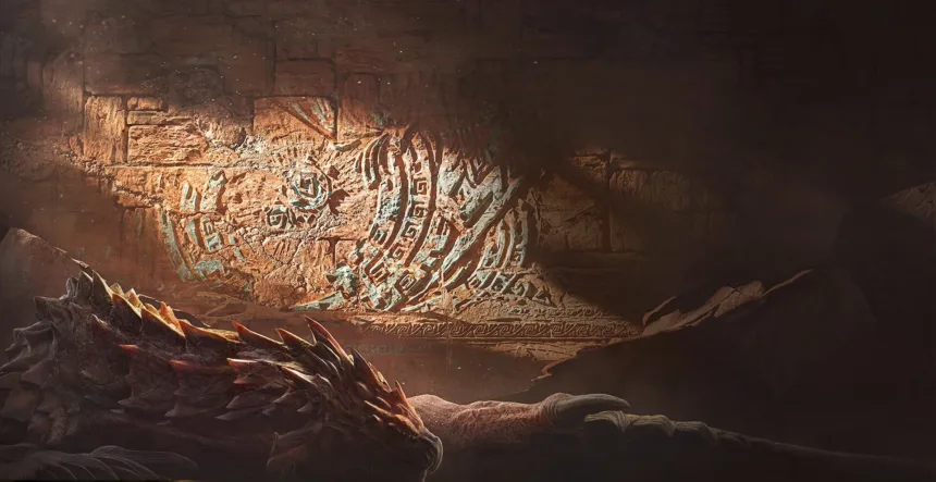Official Monster Hunter Outlanders artwork featuring a large mural inside a cavern