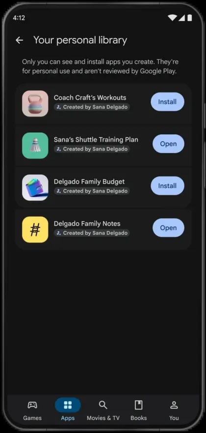 Personal app library in Google Play