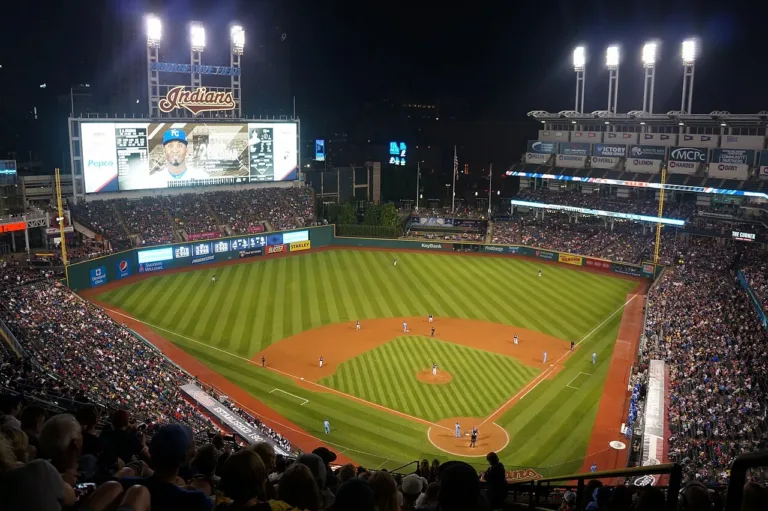 Archival photo from June 4, 2016: nighttime view of Progressive Field during a baseball game, with the field, stands, and scoreboard visible.