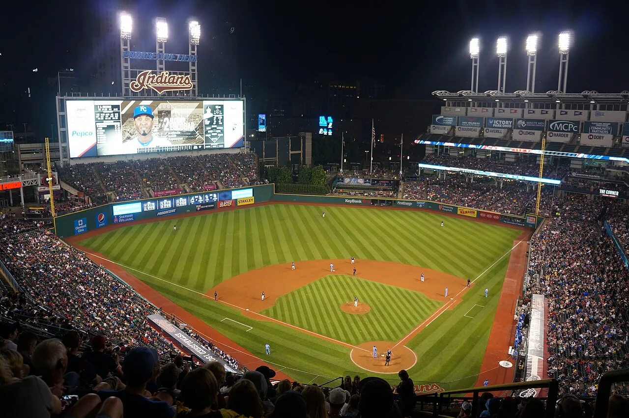 Archival photo from June 4, 2016: nighttime view of Progressive Field during a baseball game, with the field, stands, and scoreboard visible.
