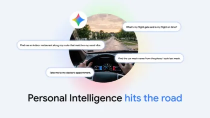 Gráfico promocional de Google sobre Gemini en el automóvil: muestra una vista desde el asiento del conductor, con las manos en el volante y una carretera al frente. Alrededor aparecen el símbolo de Ge