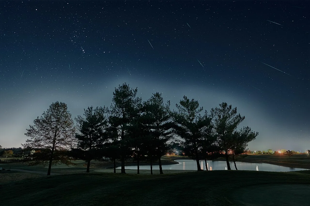 Foto de archivo del 23 de octubre de 2020: varias estelas de meteoros cruzan un cielo nocturno estrellado sobre árboles y un estanque.