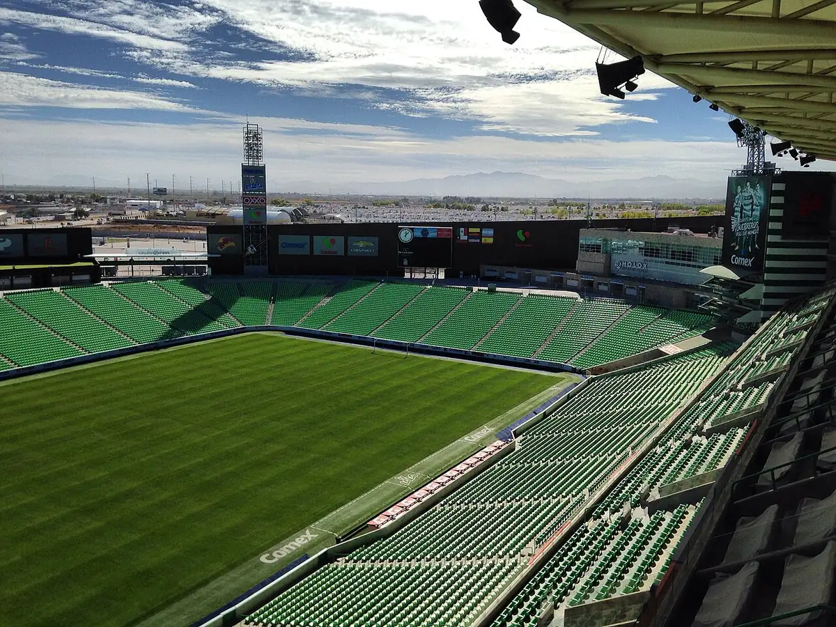 File photo from 16 of December 2015 of Estadio Corona TSM, showing the grass field and green stands from inside.