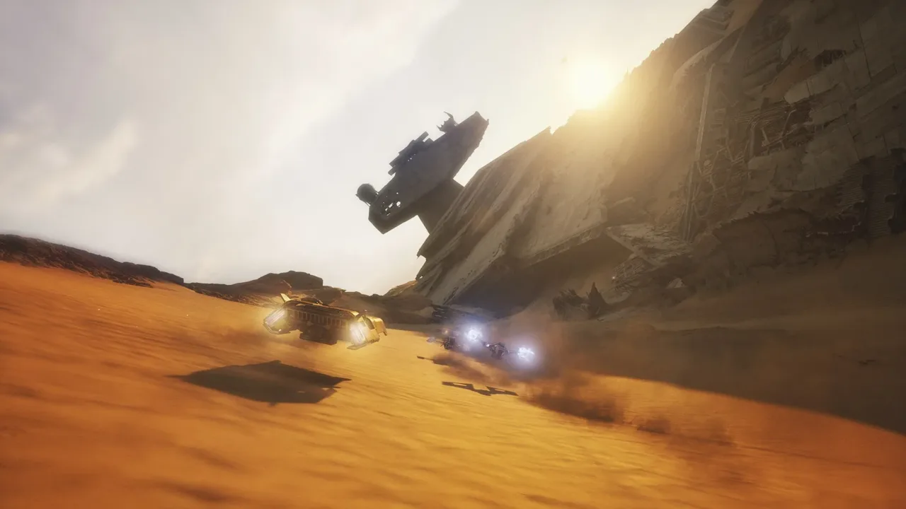 Speeders compitiendo entre restos de naves en Jakku en Star Wars Galactic Racer