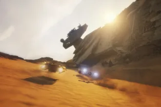 Speeders compitiendo entre restos de naves en Jakku en Star Wars Galactic Racer