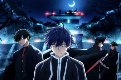 Characters from Tougen Anki in front of a lit building beneath the Moon