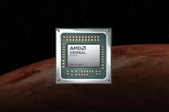 Representación oficial del encapsulado AMD Versal AI Core XQR Class Y sobre un fondo espacial