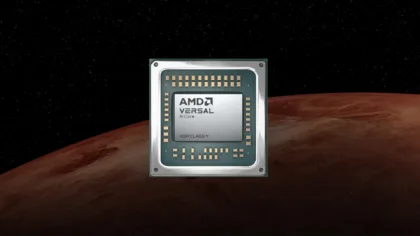 Representación oficial del encapsulado AMD Versal AI Core XQR Class Y sobre un fondo espacial