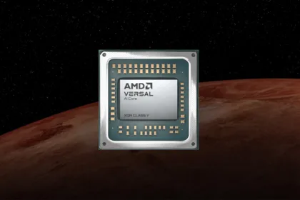 Official rendering of the AMD Versal AI Core XQR Class Y package against a space background