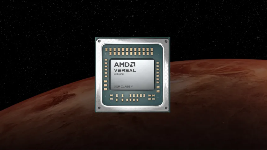 Official rendering of the AMD Versal AI Core XQR Class Y package against a space background