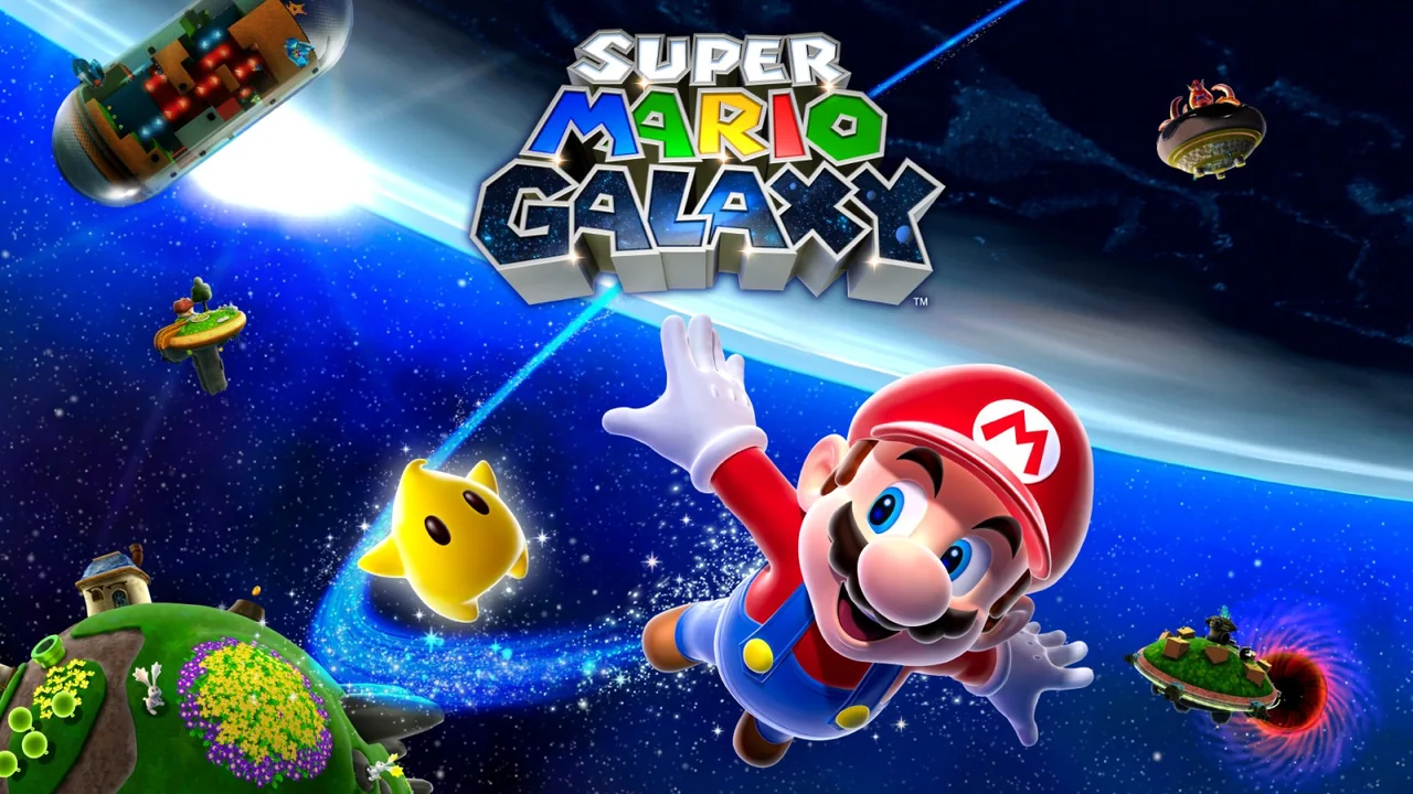 Mario y Destellos en el arte oficial de Super Mario Galaxy.