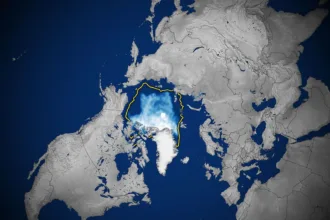 Mapa del hielo marino ártico del 12 de septiembre de 2026, con la mediana histórica marcada en amarillo