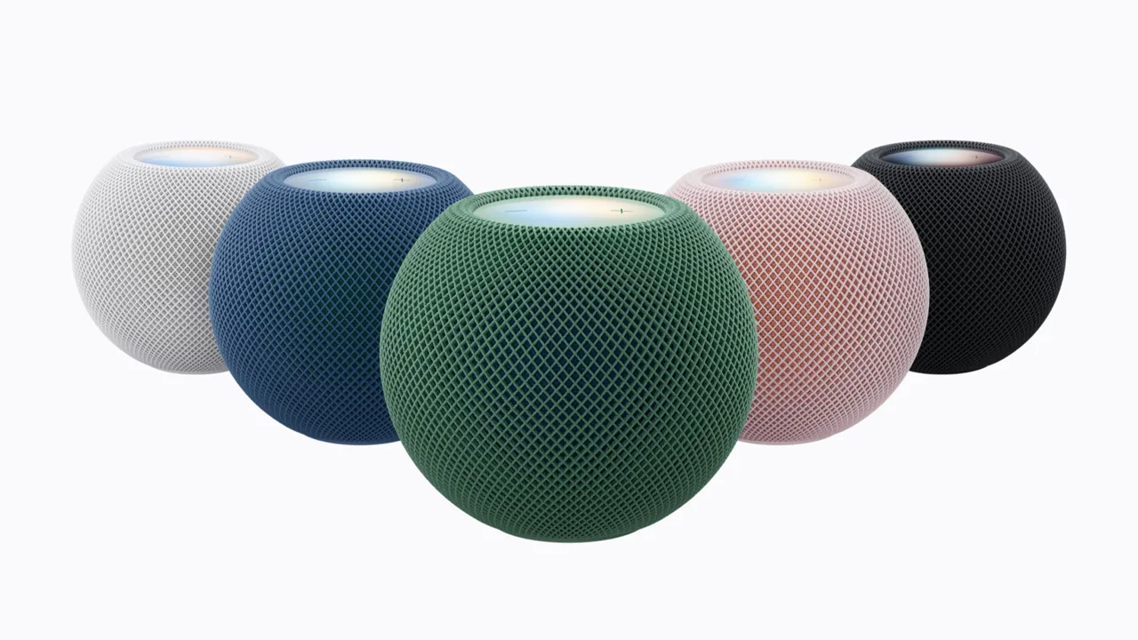 Se muestra el HomePod mini 2 en blanco, azul, verde, rosa y color medianoche.