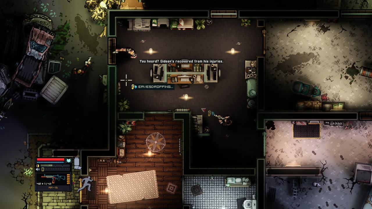 Top-down view of an Intravenous 3: Borderline mission with interiors, enemies and shadowed areas.