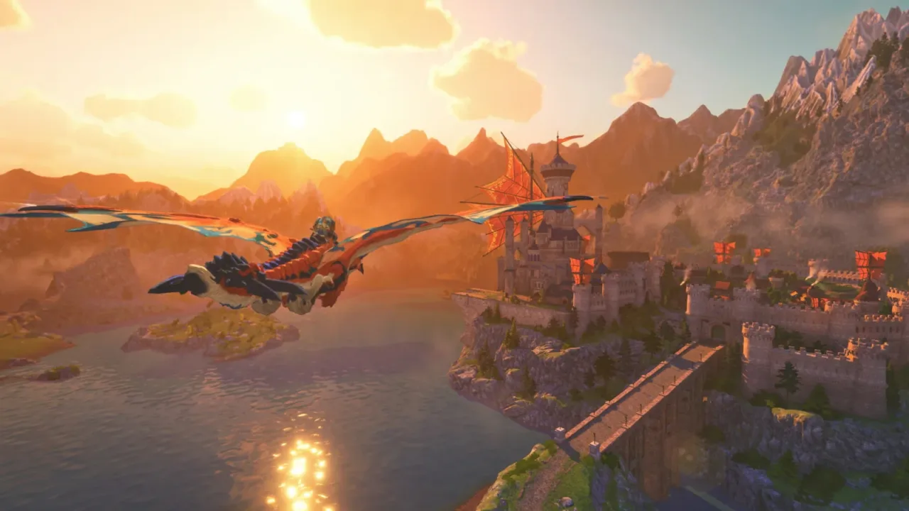 Un Rider vuela sobre un Rathalos frente a una fortaleza en Monster Hunter Stories 3