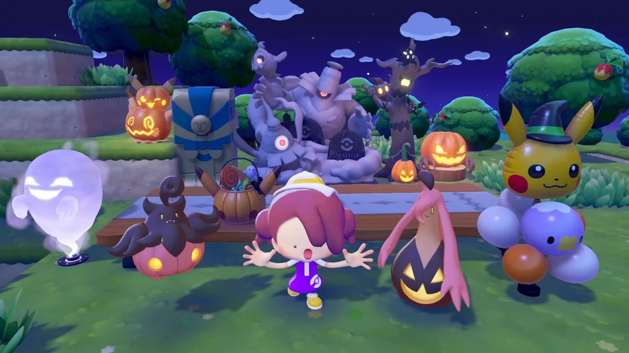 Pumpkaboo and Gourgeist alongside Halloween decorations in Pokémon Pokopia.