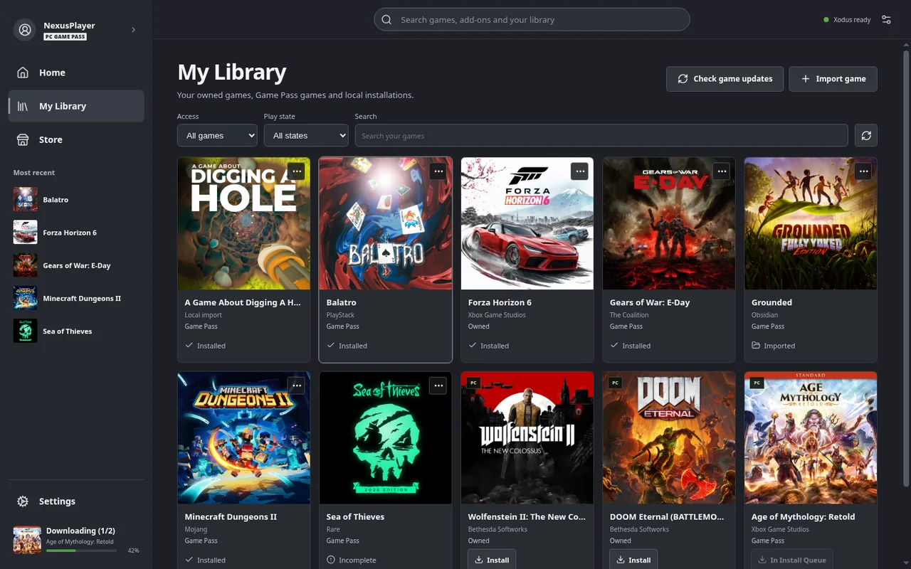 Xodus Nexus library showing access filters and game covers.